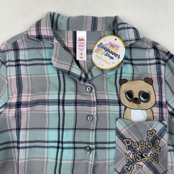 NWT Justice Blue Pink Plaid Button Front Pajama Night Shirt Dress L/S Flannel 8 - Picture 4 of 9